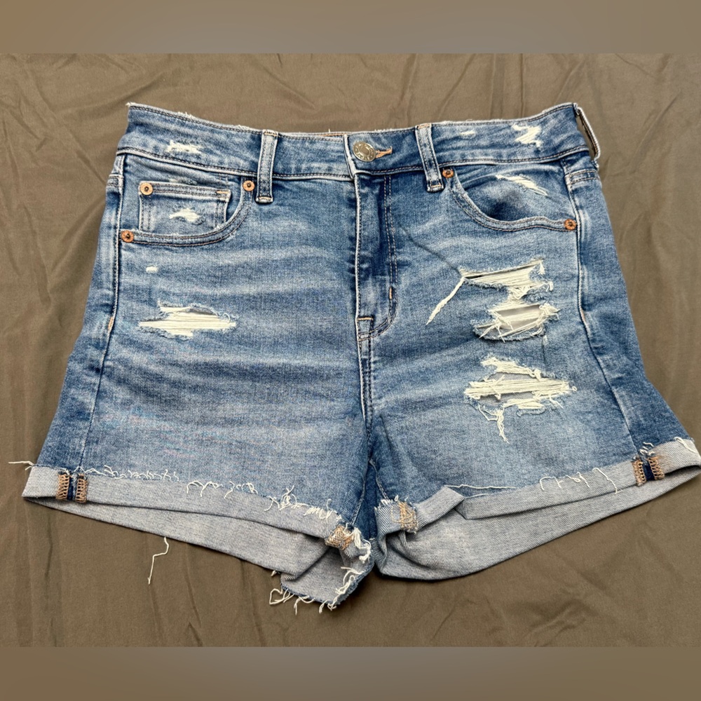 American Eagle Outfitters Super Stretch Hi-Rise Shortie Blue Ripped Denim Shorts